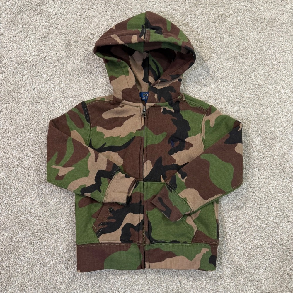 Polo Ralph Lauren Camo Zip Hoodie Toddler 3T Green Brown Fleece Sweatshirt Pony